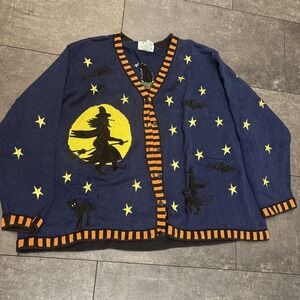 Quacker Factory SZ 3X Halloween Witch Bats Black Cat Navy Blue Cardigan Sweater